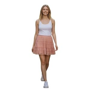 Y2K Candies Peach Lace Tiered Flouncy Mini Skirt M Pullon 28"waist 15" Length